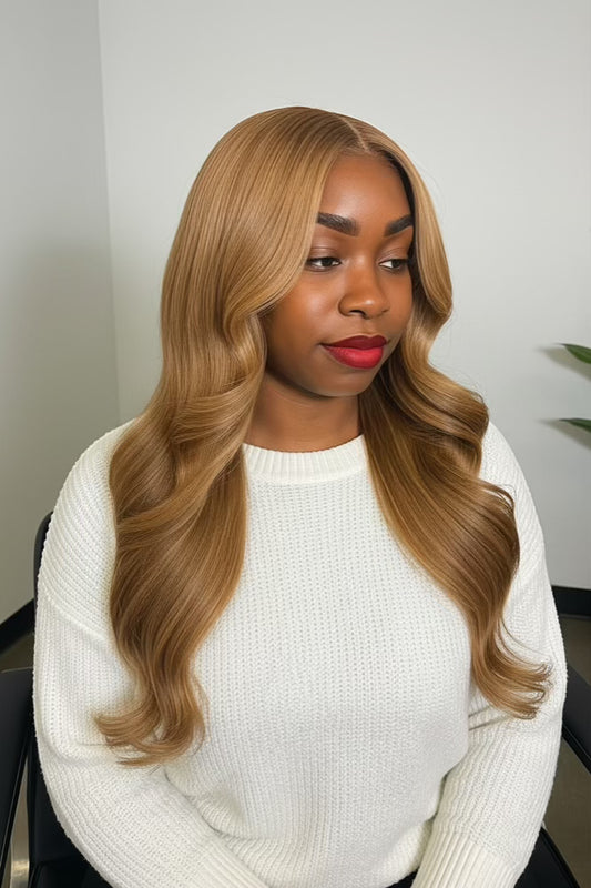 Honey Blonde Glueless Wig – 5x5 or 13x4 Lace, Pre-Plucked Hairline, Slightly Bleached Knots, 100% Virgin Hair