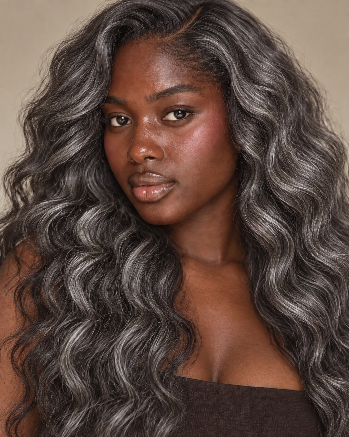Raw Wavy Bundle — Dark Brown, Black & Gray Human Hair Extensions with Dark Roots