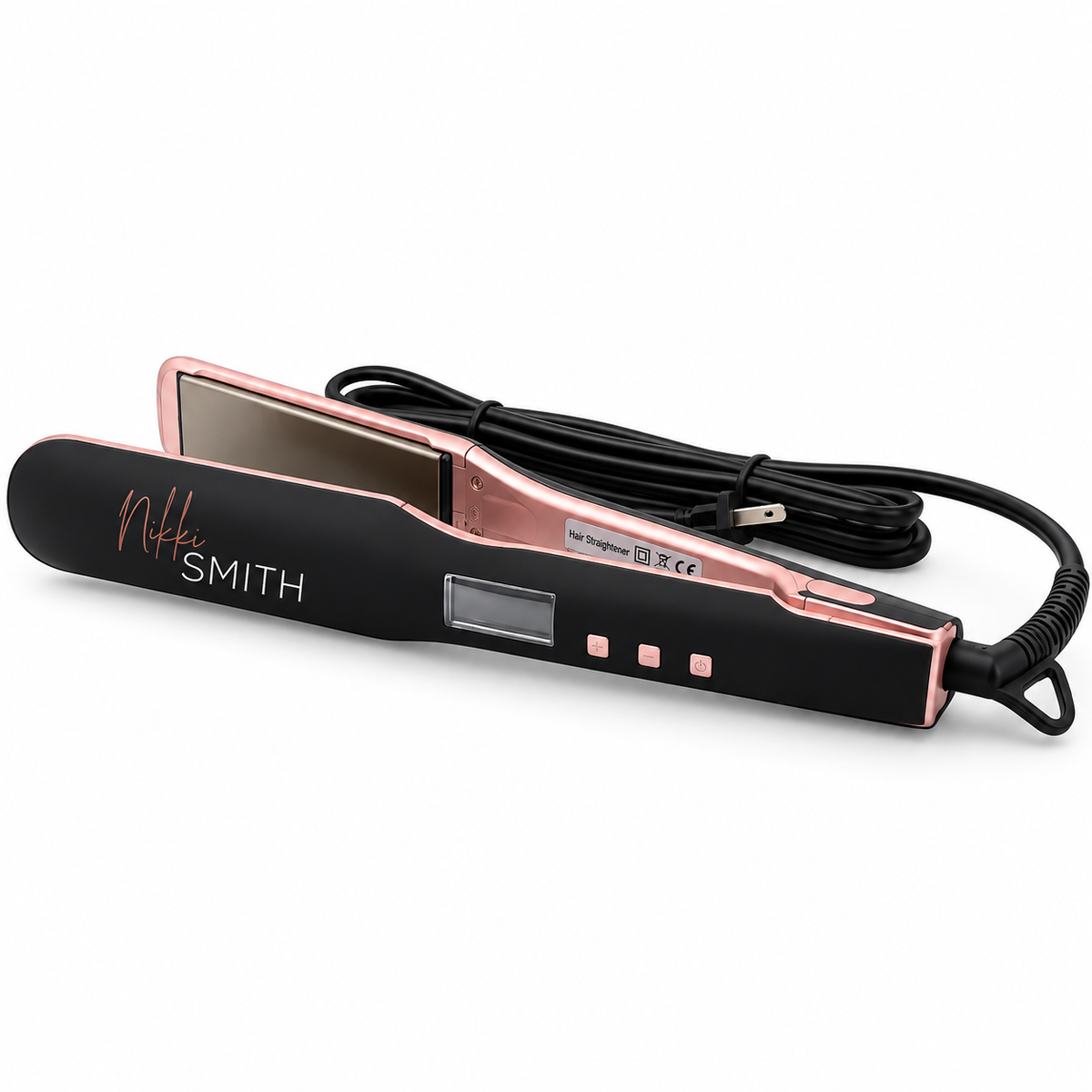 Nikki Smith 1.75 inch wide plate titanium flat iron in black and pink, professional hair straightener