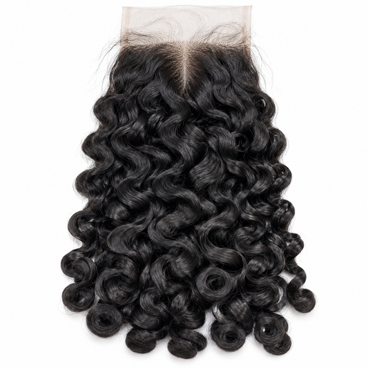 Caribbean Curly 5x5 HD lace closure, 100% human hair in natural 1B with bouncy defined curls