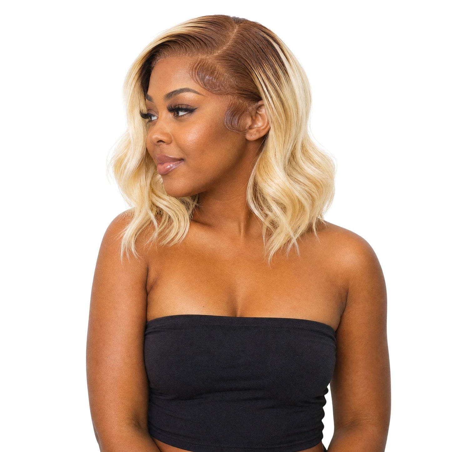 Warm blonde human hair bob wig with dark roots and soft body wave texture