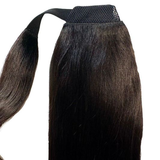 Natural Black Ponytail extension from Nikki Smith Hair Collection, featuring sleek 20” length and secure comb attachment.