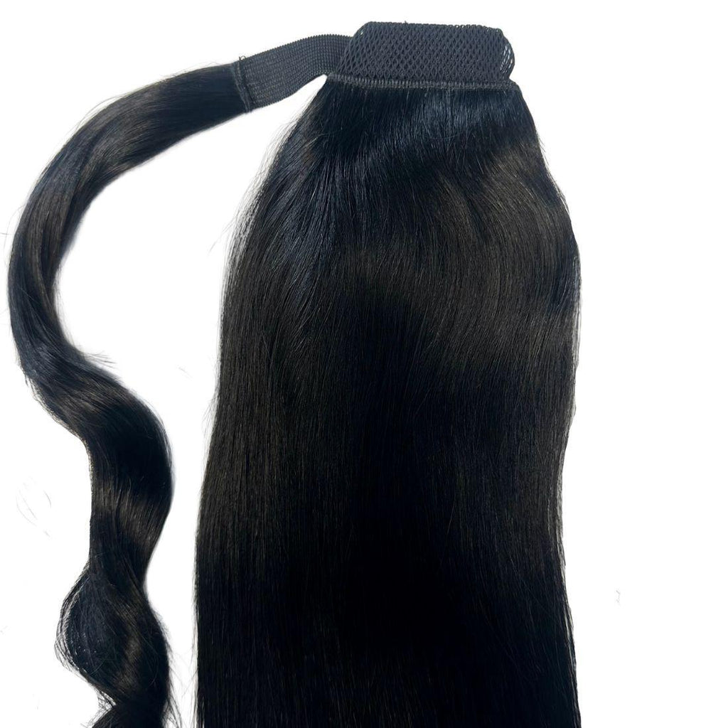 Jet Black Ponytail extension featuring 20” length and sleek design, perfect for adding volume and length.