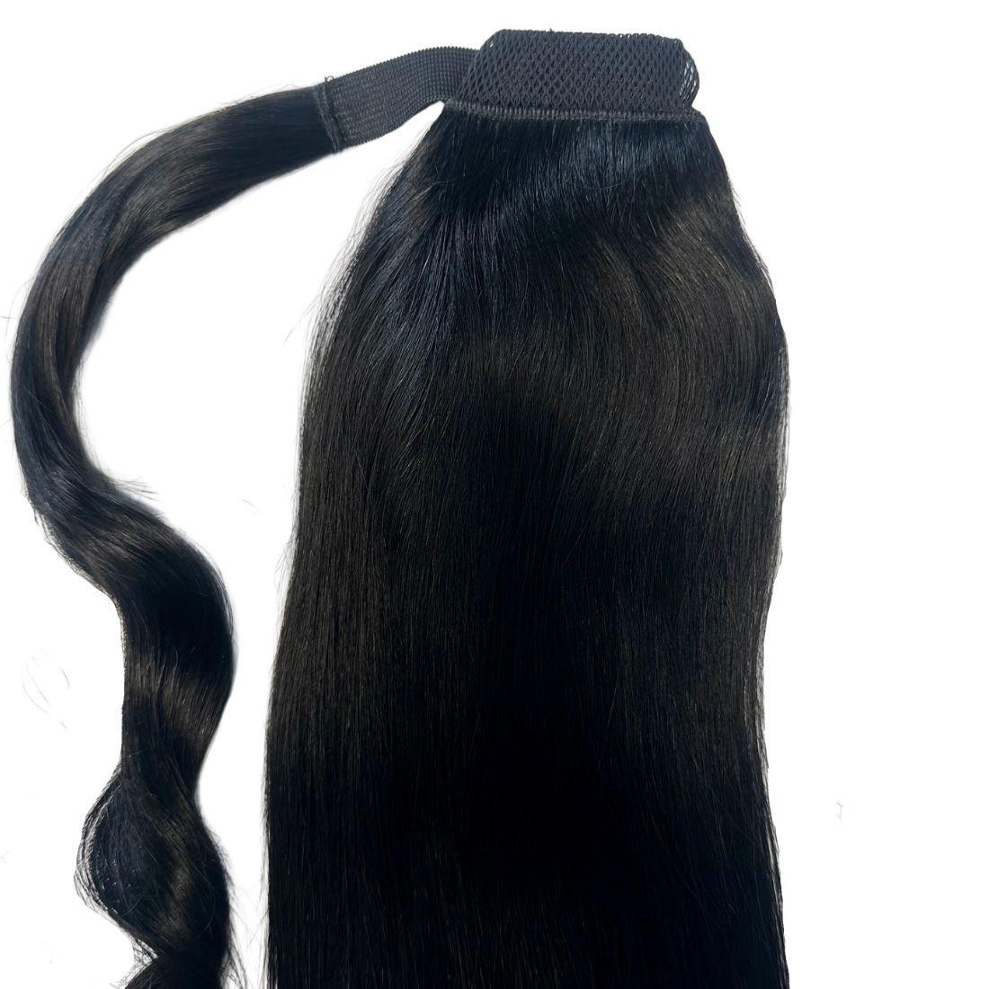 Jet Black Ponytail extension featuring 20” length and sleek design, perfect for adding volume and length.