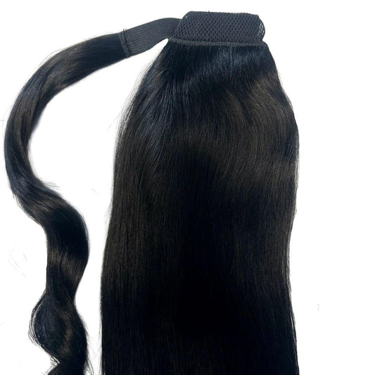 Jet Black Ponytail extension featuring 20” length and sleek design, perfect for adding volume and length.