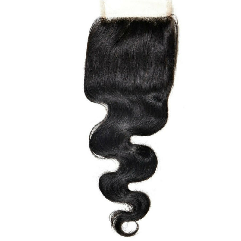 Brazilian Body Wave 4x4 Closure, highlighting the body wave texture and transparent lace closure.