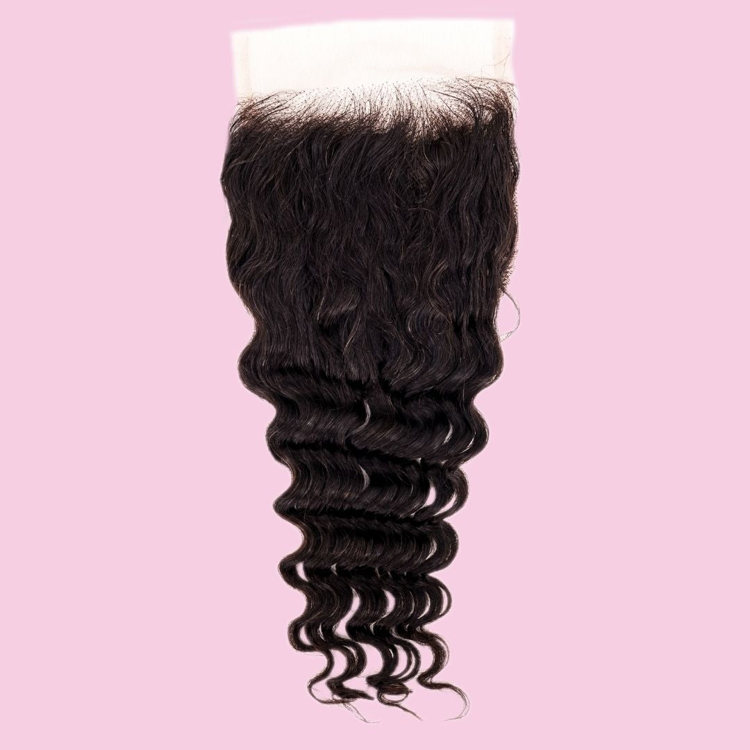Brazilian Deep Wave 4x4 Closure, focusing on the defined deep waves and transparent lace for a natural look.