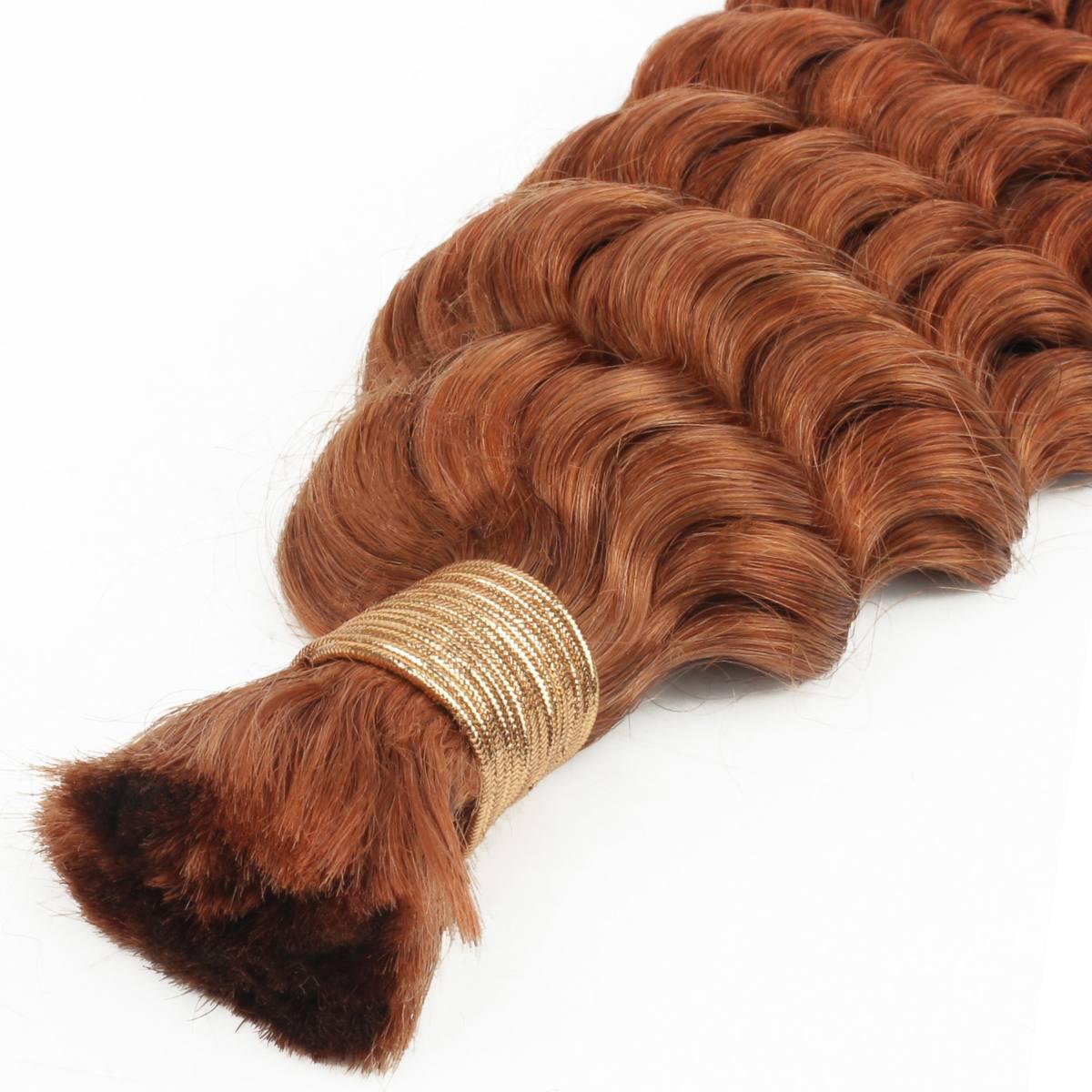 Close-up of Copper Deep Wave Bulk Human Braiding Hair showcasing rich, copper color and defined wave pattern ideal for adding fullness and style to braids.