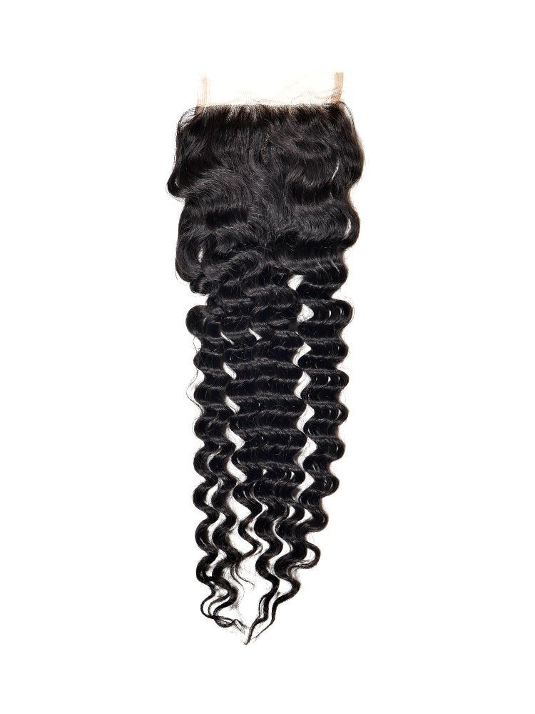 Brazilian Deep Wave 4x4 Closure, showcasing the deep wave texture and natural color lace closure.