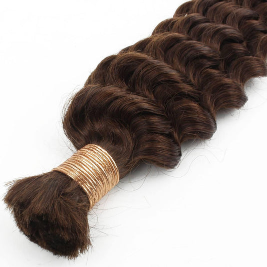 Close-up of Medium Brown Deep Wave Bulk Extensions showing the luxurious wave pattern and high-quality virgin hair ideal for full, natural-looking hairstyles