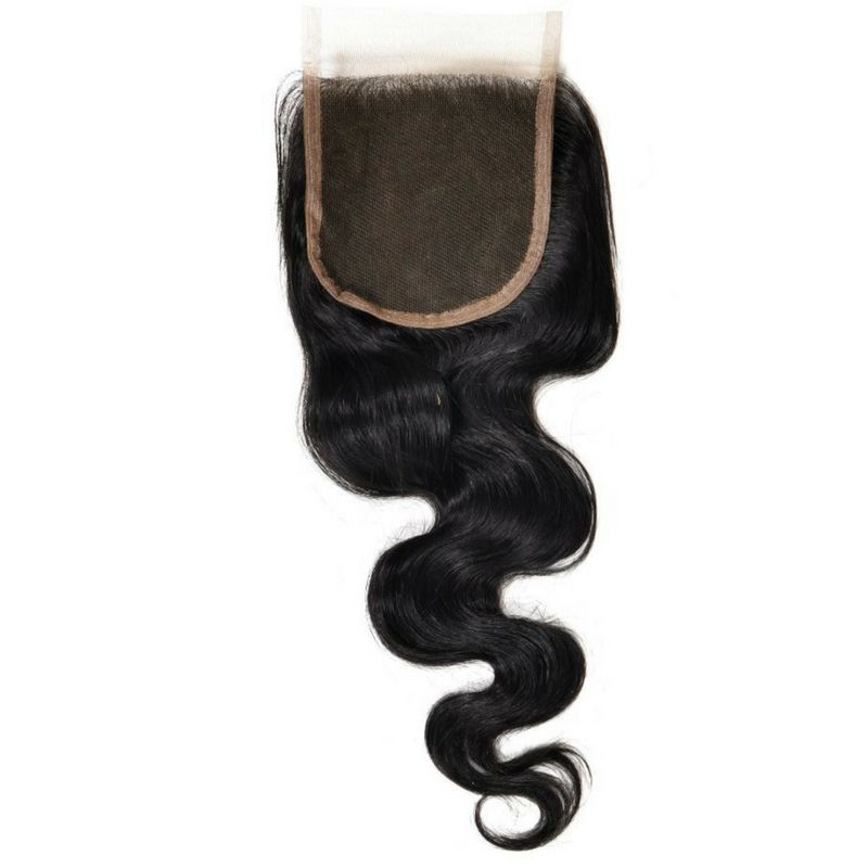 Brazilian Body Wave 4x4 Closure shown from another angle, emphasizing the body wave style and lace detail.