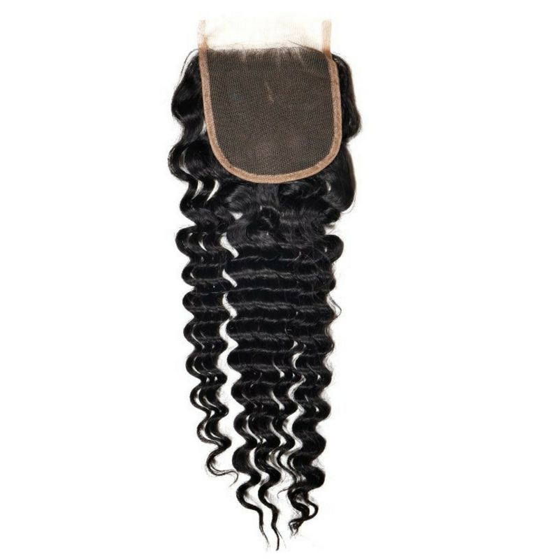 Brazilian Deep Wave 4x4 Closure from another angle, highlighting the curl pattern and lace closure details.
