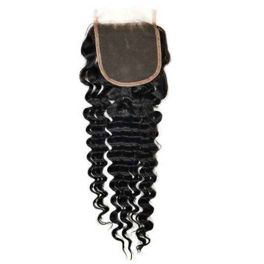 Brazilian Deep Wave 4x4 Closure from another angle, highlighting the curl pattern and lace closure details.
