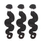 Three bundles of body wave black human hair extensions on white background