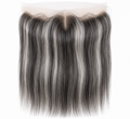 Salt and pepper straight virgin human hair 13x4 HD lace frontal with center part on a white background