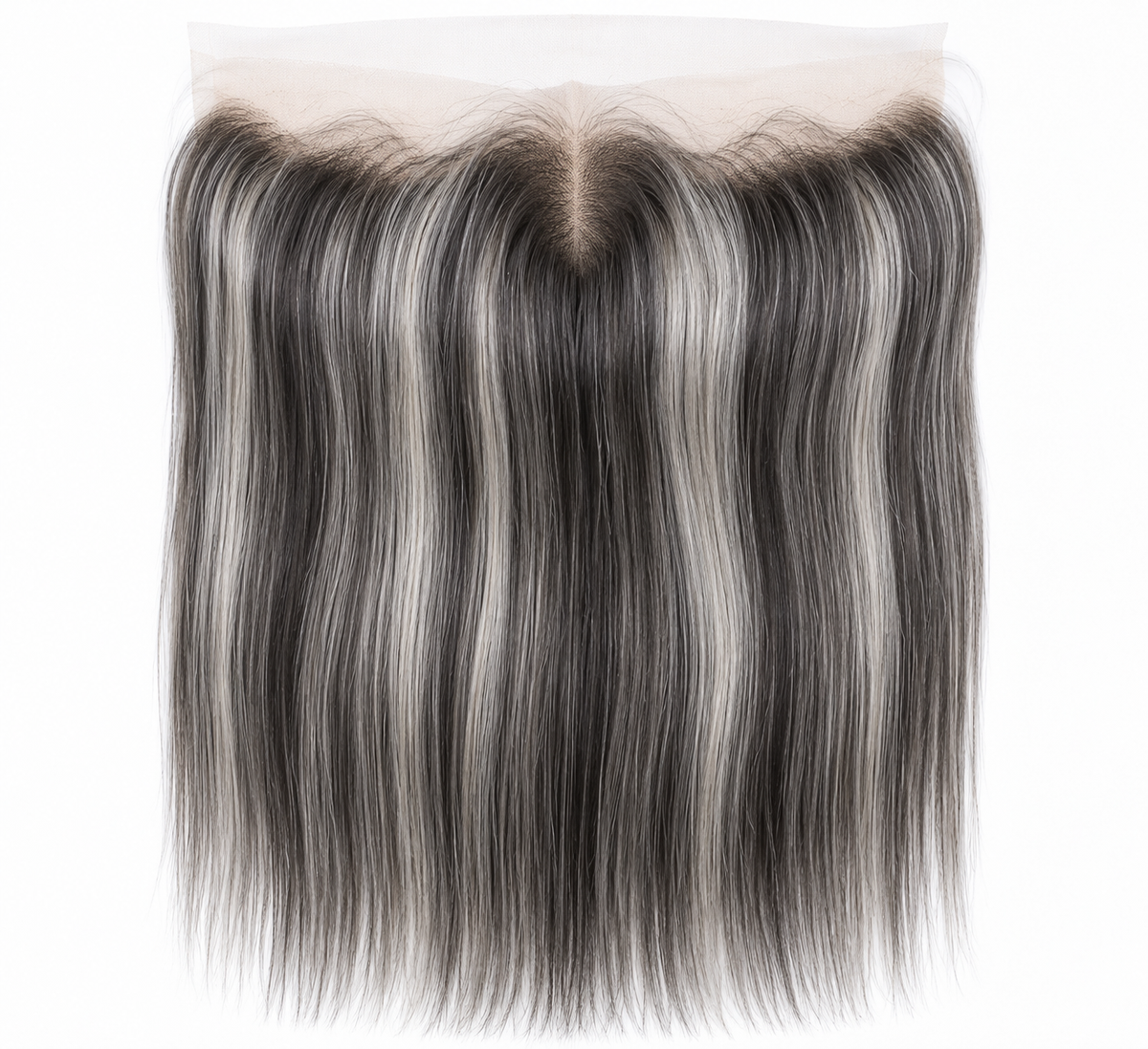 Salt and pepper straight virgin human hair 13x4 HD lace frontal with center part on a white background