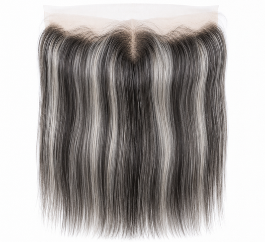 Salt and pepper straight virgin human hair 13x4 HD lace frontal with center part on a white background