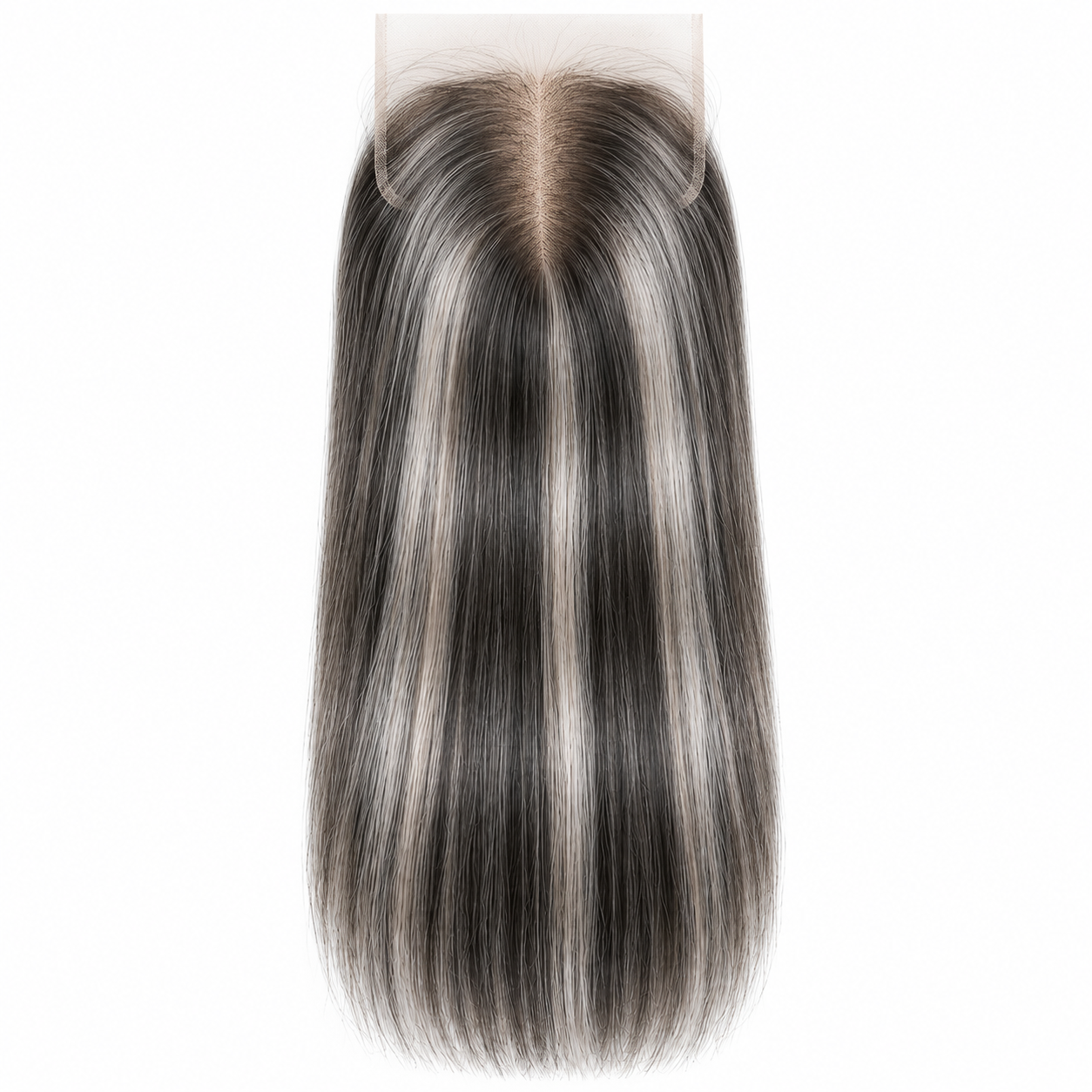 Salt and pepper balayage straight virgin human hair 5x5 HD lace closure with center part on white background