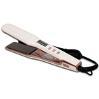Detailed view of Nikki Smith White Titanium Flat Iron highlighting the titanium plates and advanced heat settings for optimal hair styling results.