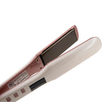 Close-up of Nikki Smith White Titanium Flat Iron showcasing the sleek design and titanium plates for smooth, straight hair styling.