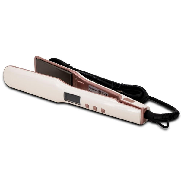 Nikki Smith White Titanium Flat Iron with 1.75" titanium plates and digital display for precision and advanced heat technology for all hair types.