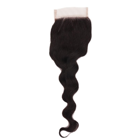 Brazilian Loose Wave 4x4 Transparent Closure in a photo emphasizing the natural wave and lace closure design.