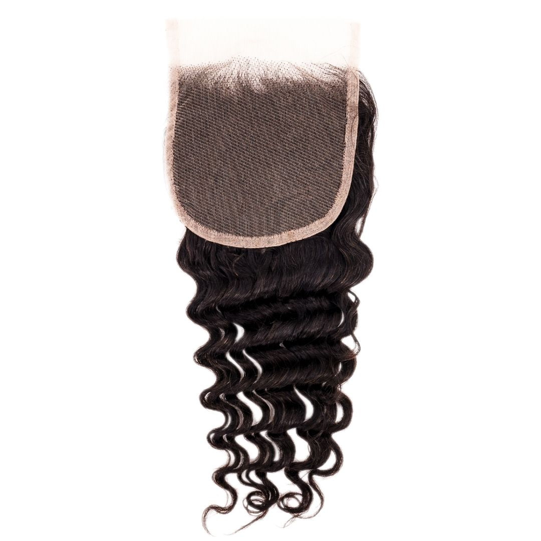 Brazilian Deep Wave 4x4 Closure styled to display the deep waves and lace closure placement.