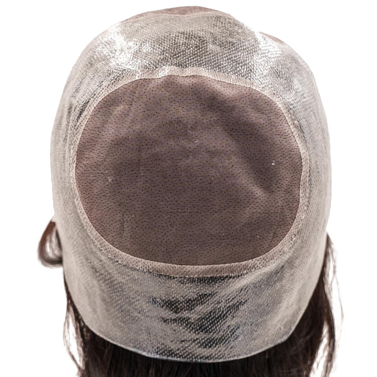 Close-up view of the Straight Fine Mono Base Medical Wig, showcasing the French lace front and thin skin perimeter for comfort.