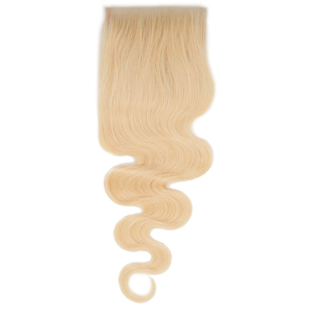 Russian Blonde Body Wave Closure, ideal for sew-ins with a soft, wavy texture and lace closure, available in lengths 12"-18" from Nikki Smith Hair Collection.