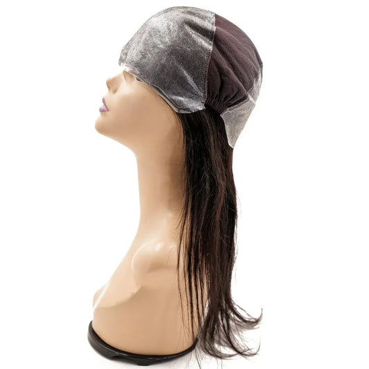 Side view of the Curly Fine Mono Base Medical Wig, showcasing the natural 1B curly hair color and comfortable fit with a fine mono base and lace front.