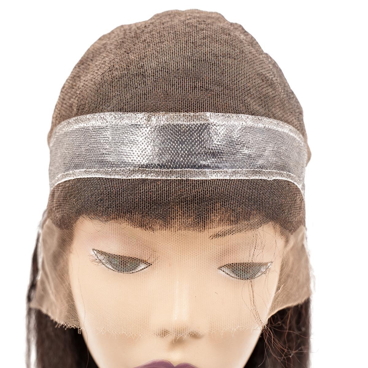 Close-up of the Kinky Straight Mono Lace Front PU Medical Wig, focusing on the realistic look of the lace front and natural-looking hair texture.