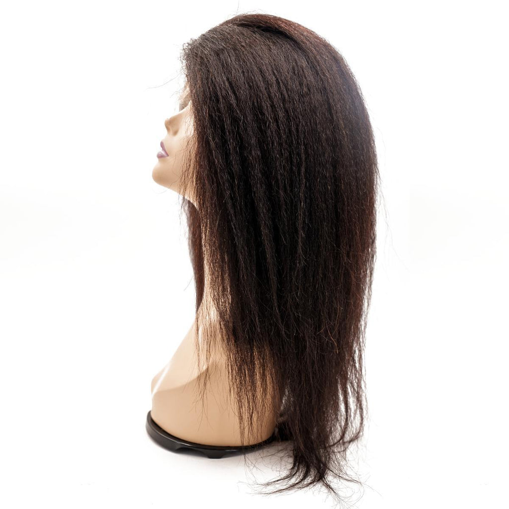 Top view of the Kinky Straight Mono Lace Front PU Medical Wig, highlighting the fine welded mono base and natural 1B color of the hair.