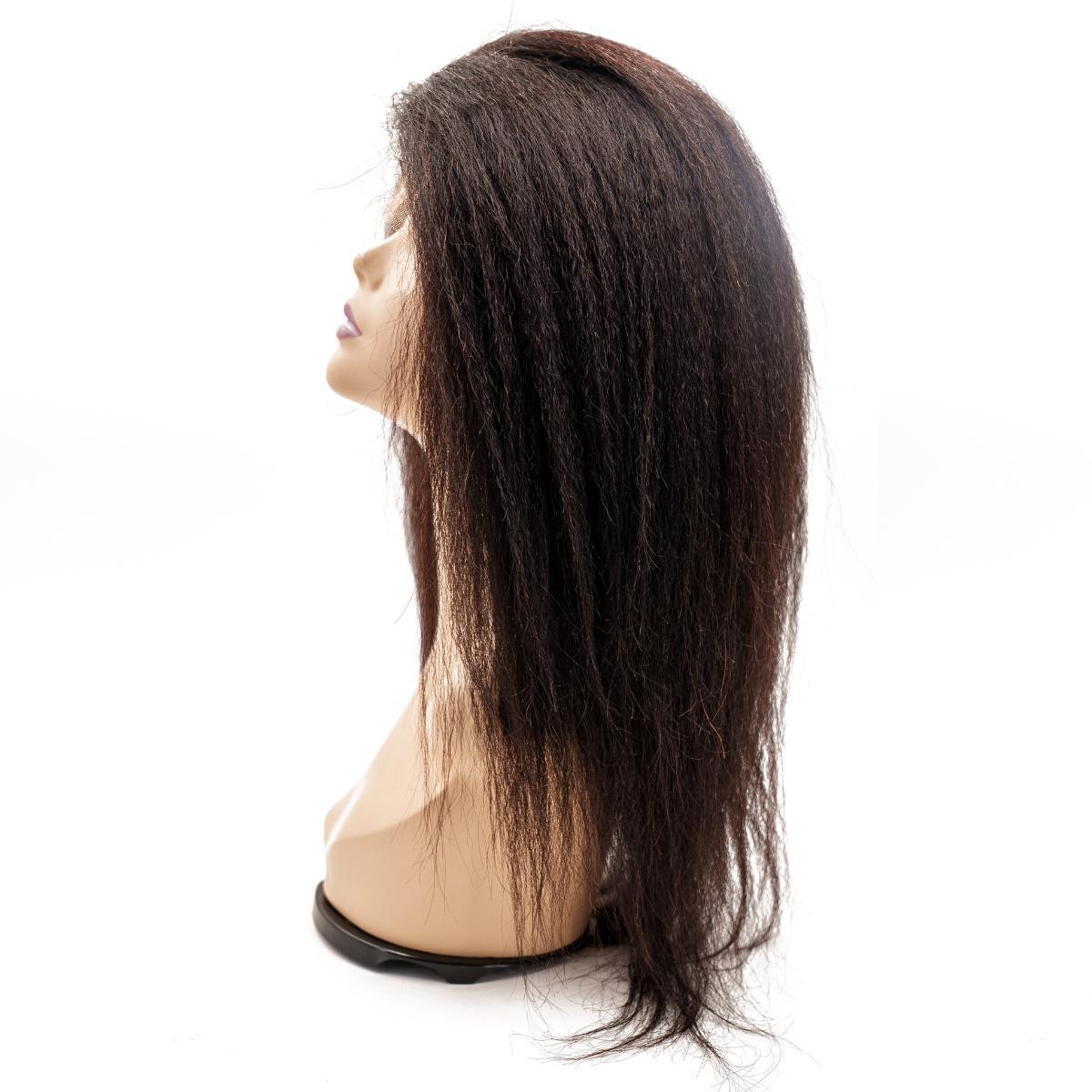Close-up view of the Kinky Straight Silicone Skin Medical Wig, showcasing the texture and the smooth silicone skin cap for a realistic fit.