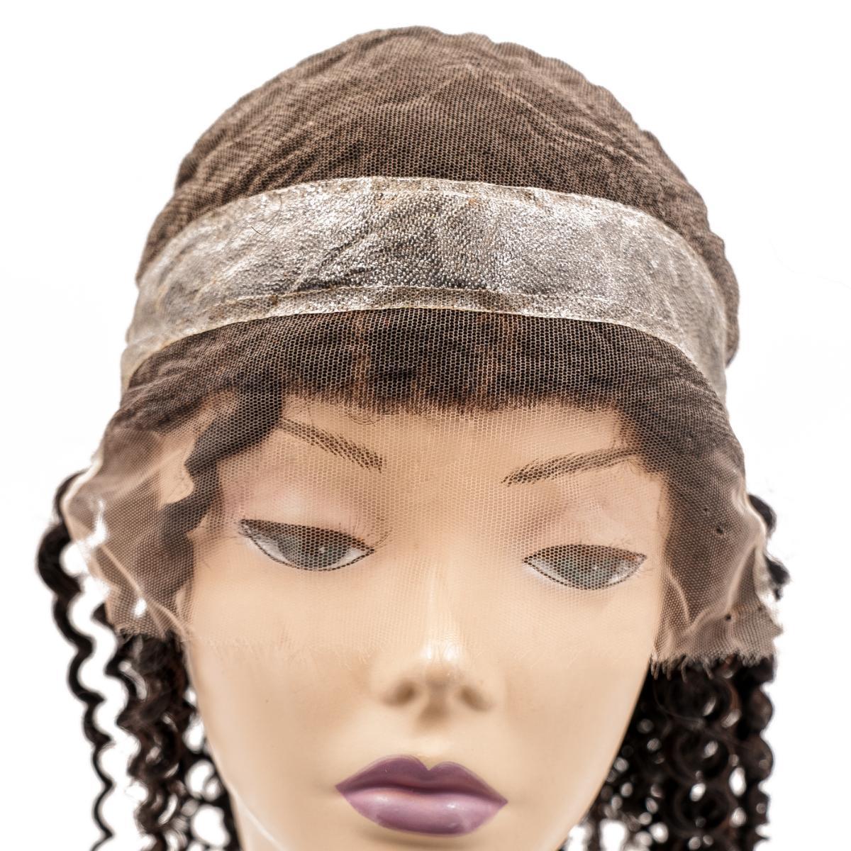 Close-up of the Curly Mono Lace Front PU Medical Wig, showing the detailed lace front, fine welded mono base, and the natural 1B curly hair.
