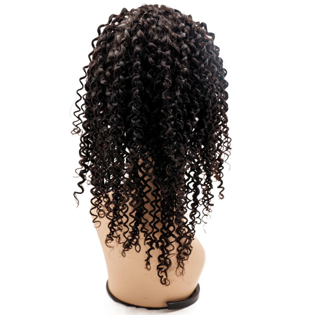 Side view of the Curly Fine Mono Base Medical Wig, showcasing the natural 1B curly hair color and comfortable fit with a fine mono base and lace front.