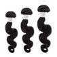 Three Brazilian body wave hair bundles with natural black color and defined loose waves.