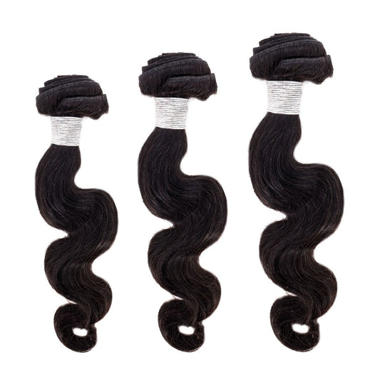 Brazilian Body Wave Bundle Deals from Nikki Smith Hair Collection. 100% human hair with machine double stitch wefts, available in natural color 1B. Lengths range from 10” to 32”, offering fullness and thickness with a luxurious, premium texture. Three bundles per deal, with a weight of 100 grams / 3.5 oz per bundle (total weight: 300 grams / 10.5 oz). Longevity: 1 year with proper care.