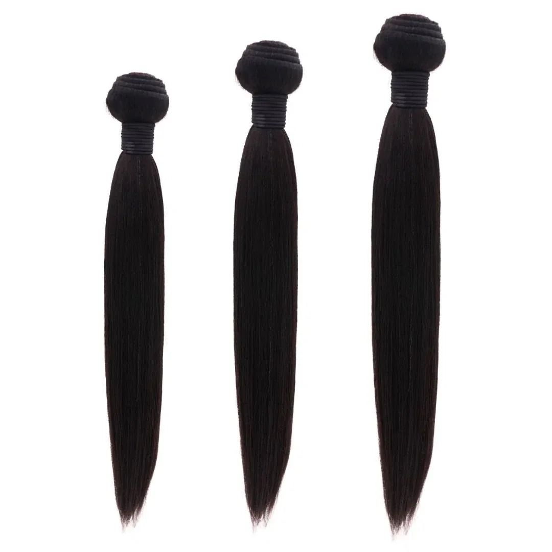Brazilian Silky Straight Hair Bundle Deals from Nikki Smith Hair Collection, featuring 100% human hair bundles in natural 1b color, cuticle-aligned, thick, and full strands. Available in lengths from 10” to 32”, perfect for customization with a smooth, silky straight texture.