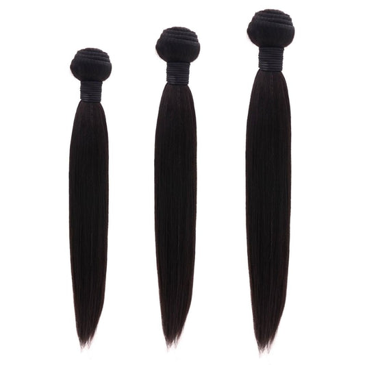 Brazilian Silky Straight Hair Bundle Deals from Nikki Smith Hair Collection, featuring 100% human hair bundles in natural 1b color, cuticle-aligned, thick, and full strands. Available in lengths from 10” to 32”, perfect for customization with a smooth, silky straight texture.