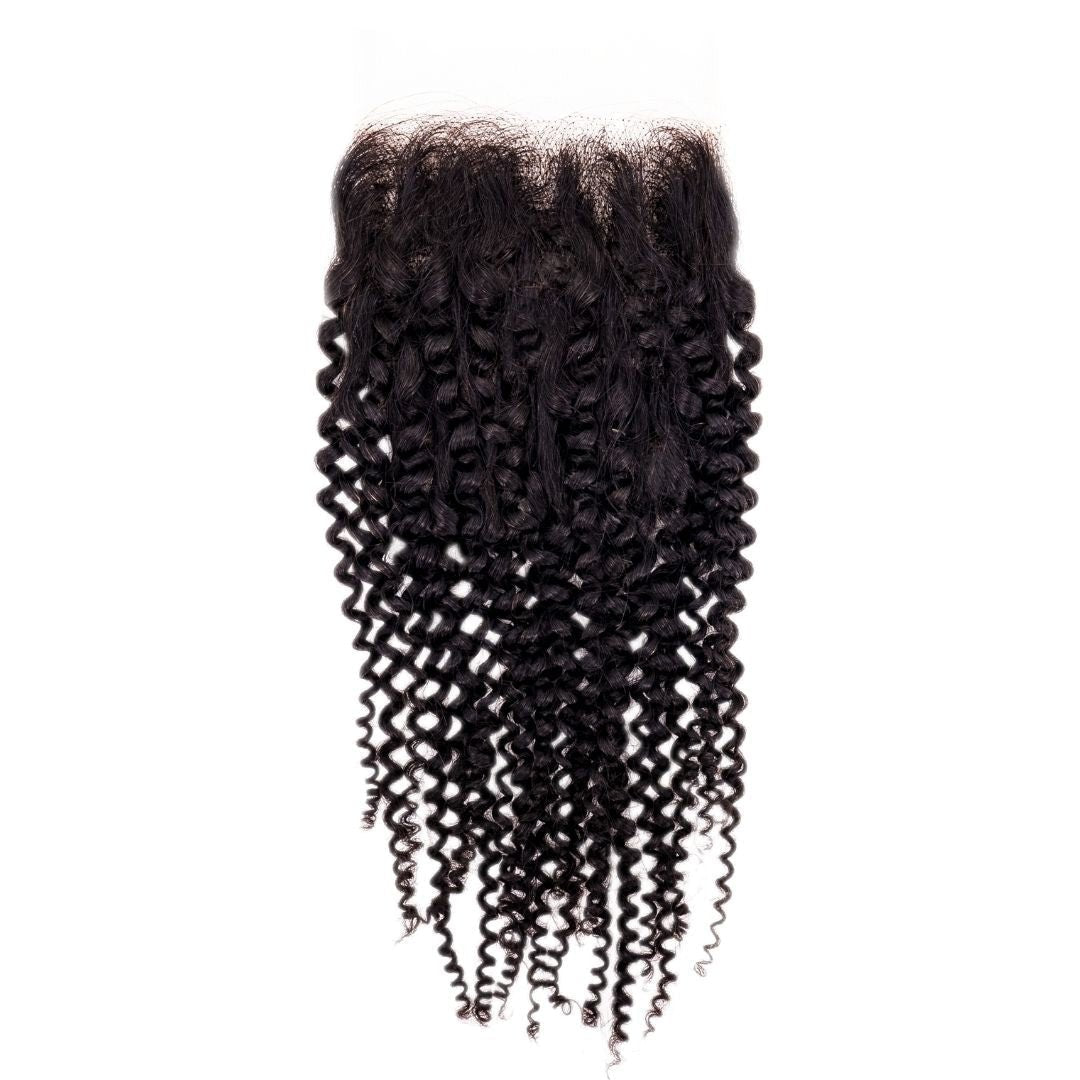 Brazilian Afro Kinky Curly Closure, perfect for sew-ins with a natural, curly texture, featuring lace closure placement for a protective style, available in 14" length from Nikki Smith Hair Collection.
