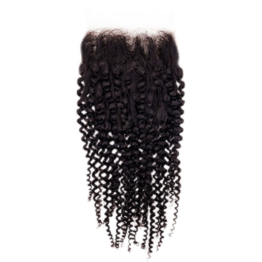 Brazilian Afro Kinky Curly Closure, perfect for sew-ins with a natural, curly texture, featuring lace closure placement for a protective style, available in 14" length from Nikki Smith Hair Collection.