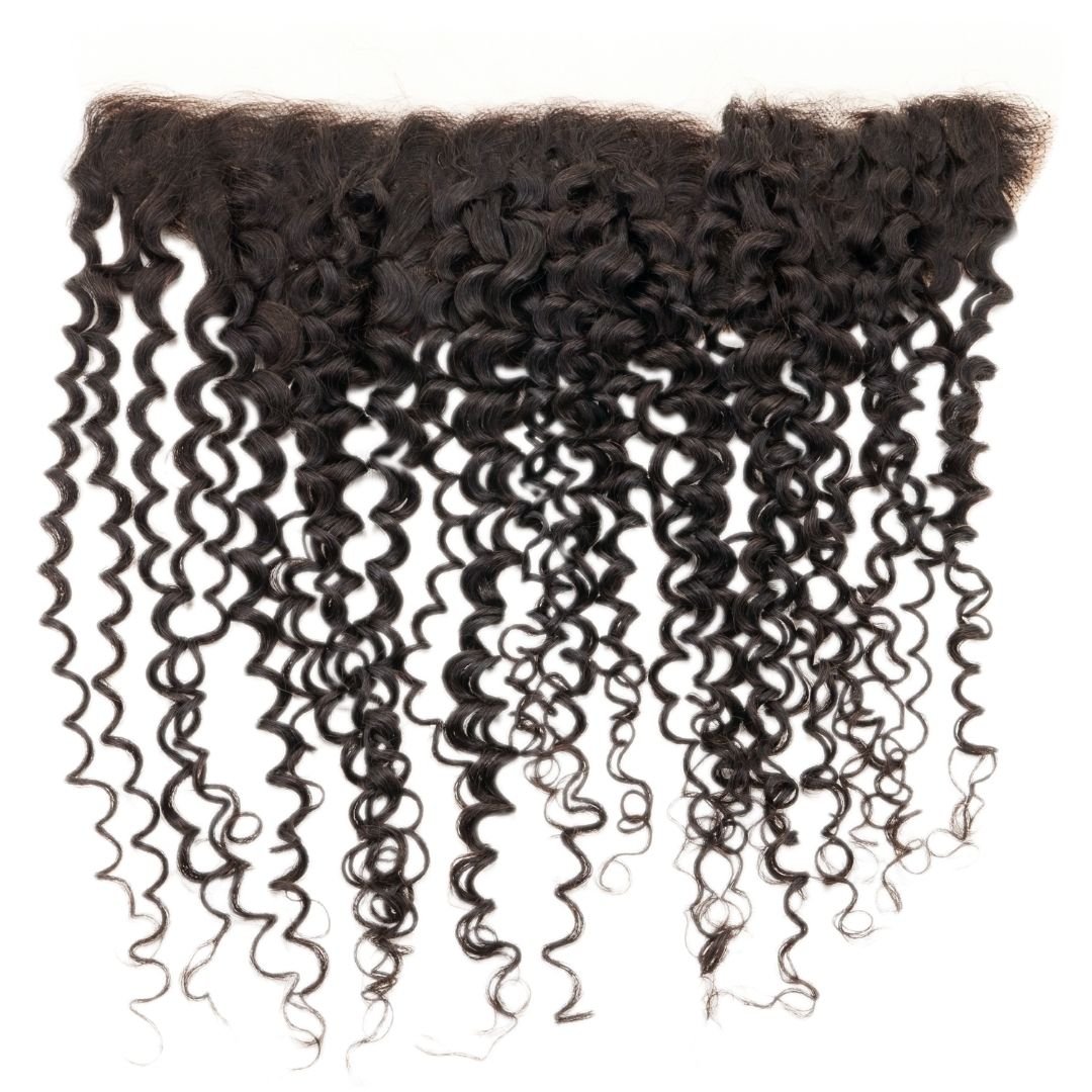 Brazilian Kinky Curly Lace Frontal from Nikki Smith Hair Collection, featuring virgin Brazilian human hair with a natural 1B color and 18" length, designed for a seamless look with no hair left out.