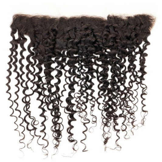 Brazilian Kinky Curly Lace Frontal from Nikki Smith Hair Collection, featuring virgin Brazilian human hair with a natural 1B color and 18" length, designed for a seamless look with no hair left out.
