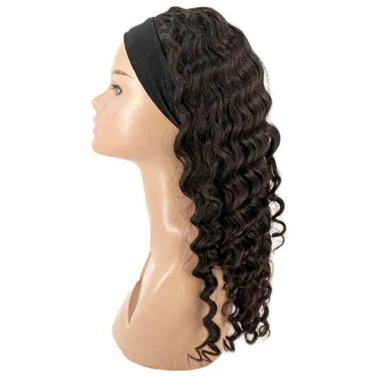 Deep Wave Headband Wig from Nikki Smith Hair Collection, made with 100% human hair in natural 1B color. This wig features 150% density and is adjustable to fit size 22.5 (Medium). It offers a comfortable, secure fit and can be lifted to a #27 color.