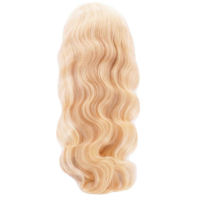 a blonde front lace wig made from virgin hair, featuring a natural hairline and a realistic scalp. The wig is styled in loose waves and falls just below the shoulders. The hair has a soft, silky texture and a light, airy feel. It is an ideal choice for anyone looking for a stylish and natural-looking hair replacement option.