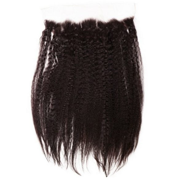 Brazilian Kinky Straight Lace Frontal from Nikki Smith Hair Collection, crafted with Virgin Brazilian Human Hair. Features a 13x4 lace frontal, 18” hair length, and natural 1B color for a sleek, straight style.