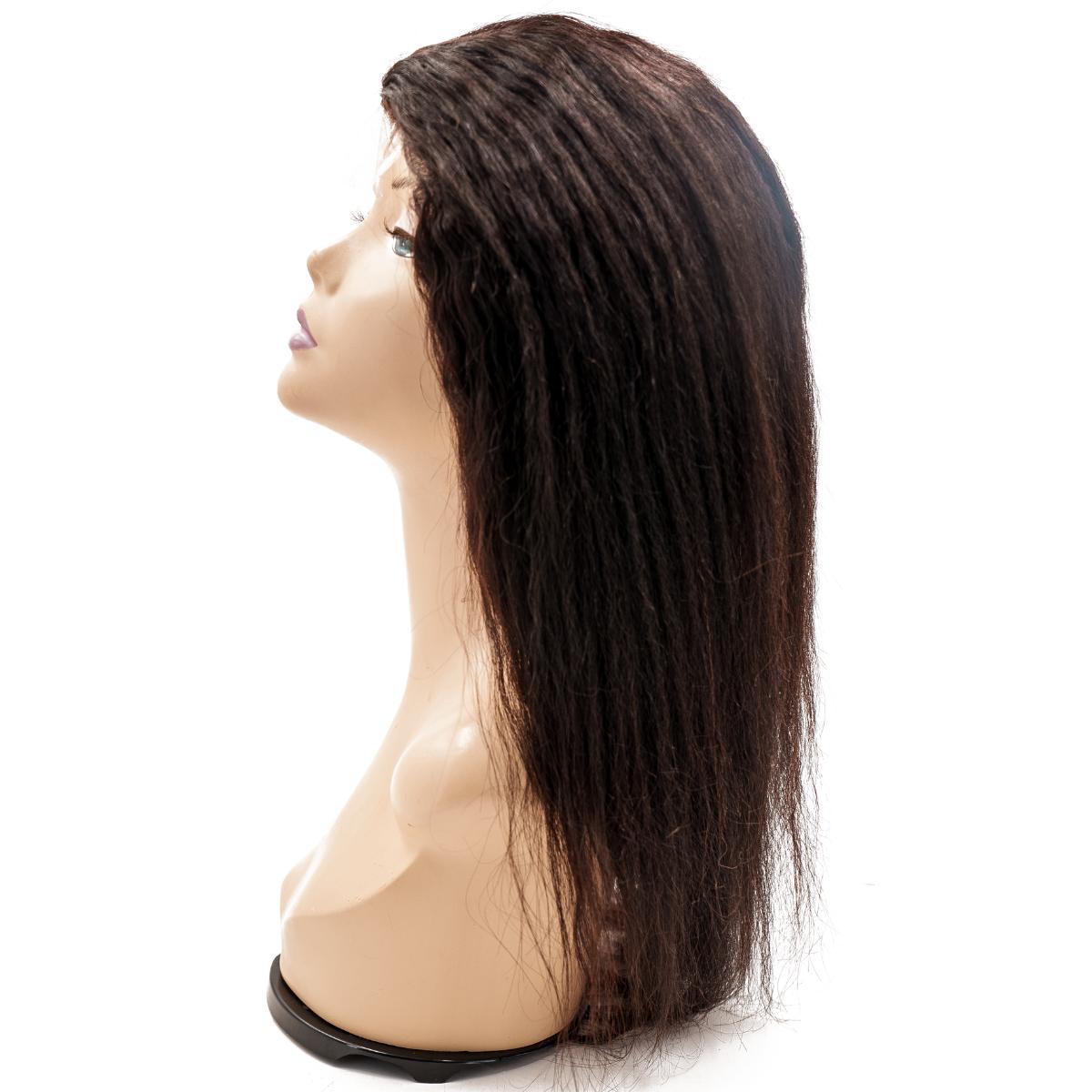 Top view of the Kinky Straight Fine Mono Base Medical Wig, highlighting the natural-looking kinky straight texture and French lace front.