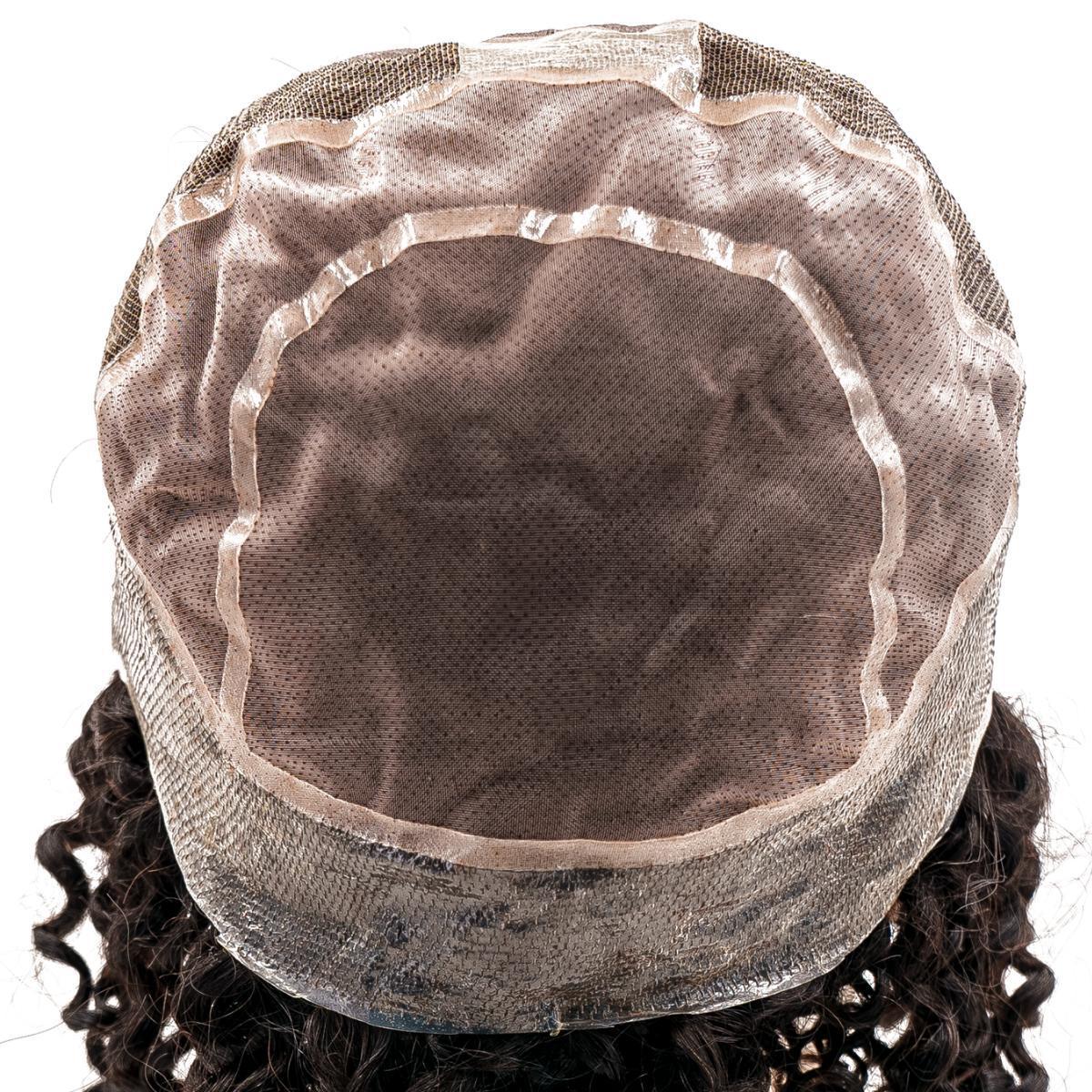 Close-up of the Curly Fine Mono Base Medical Wig, highlighting the curly hair texture and the fine mono base construction for comfort and natural appearance.