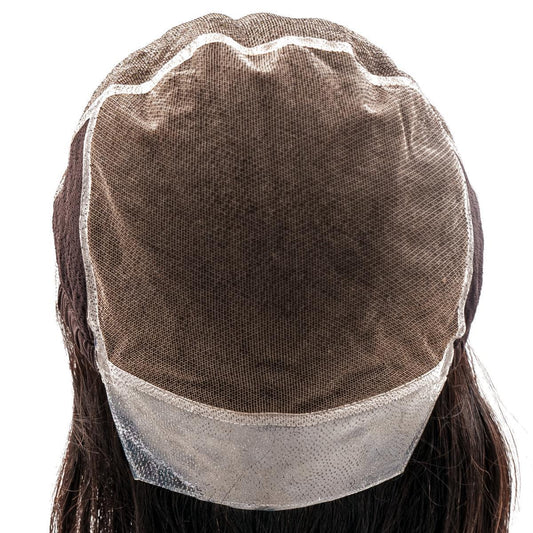 Side view of Straight Mono Lace Front PU Medical Wig by Nikki Smith Hair Collection, showcasing the lace front and natural texture.