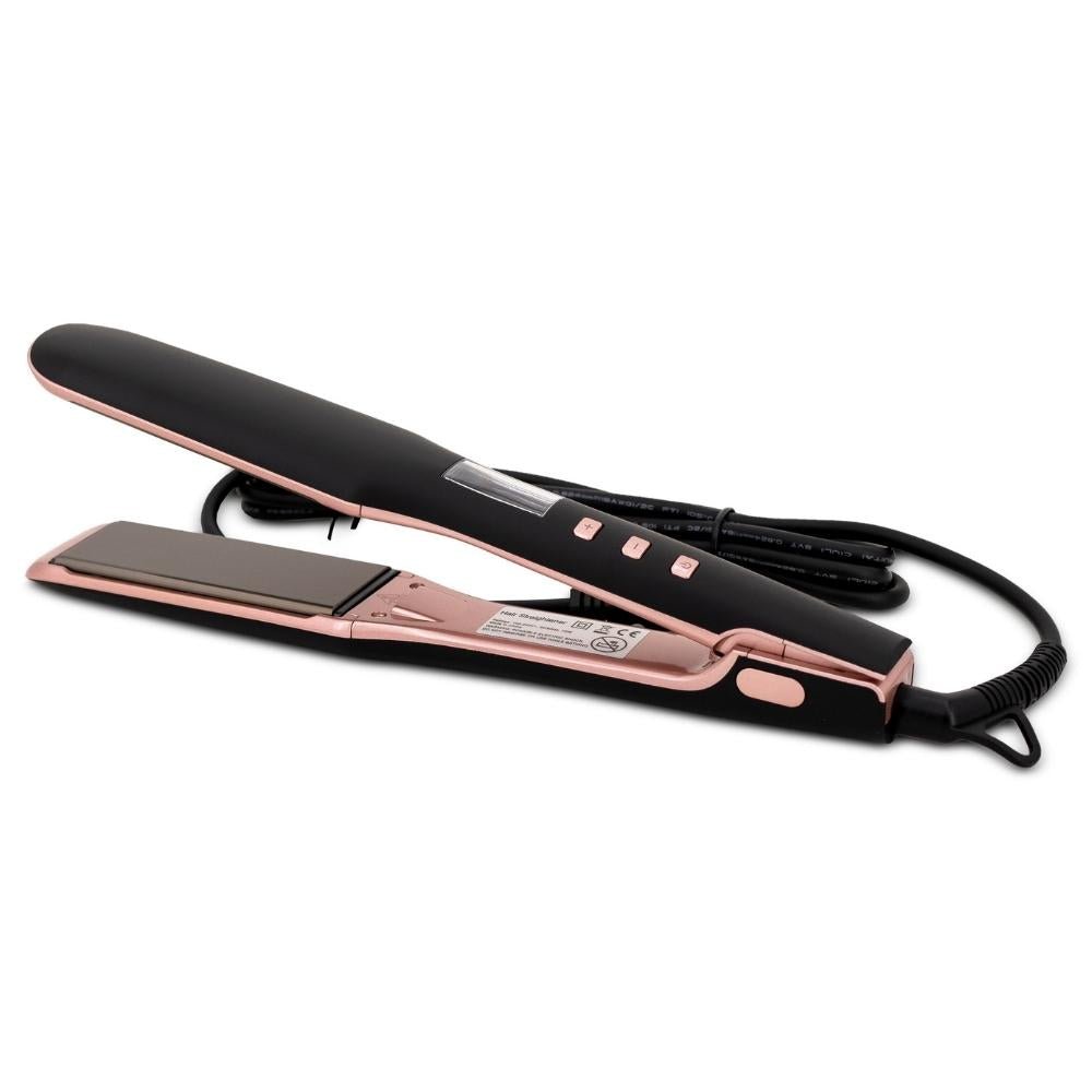Image focusing on the black and pink design of the titanium flat iron, with a focus on its 1.75-inch plates.